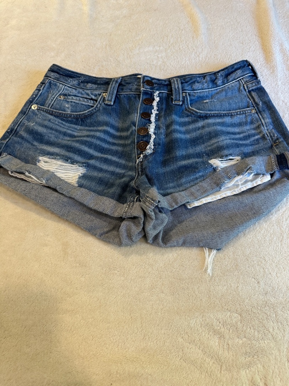 We the free Women's Distressed Blue Denim Button-Front Shorts- size 28